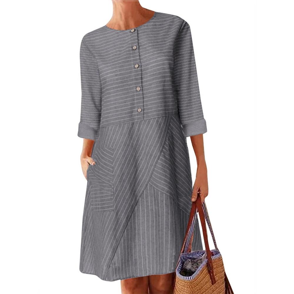 Celmia Collection‎ Dress Womens 3XL Gray White Asymmetrical Striped Lagenlook